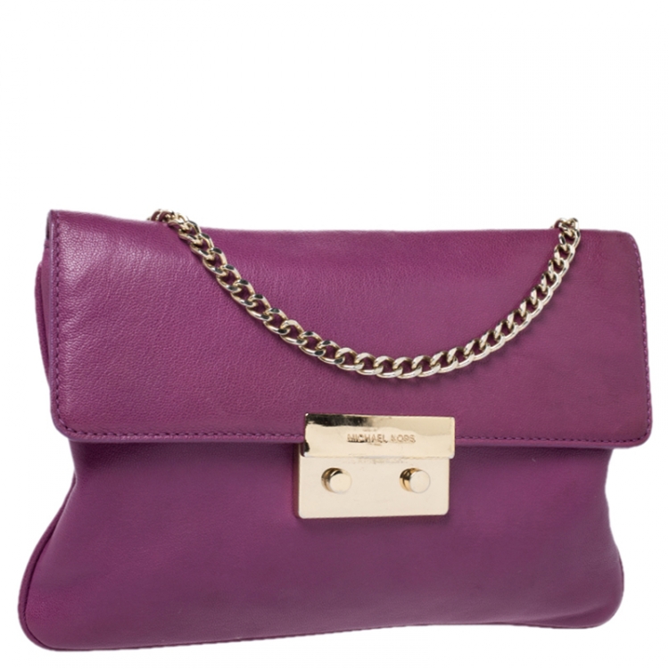 Pre Owned Michael Kors Purple Leather Flap Shoulder Bag