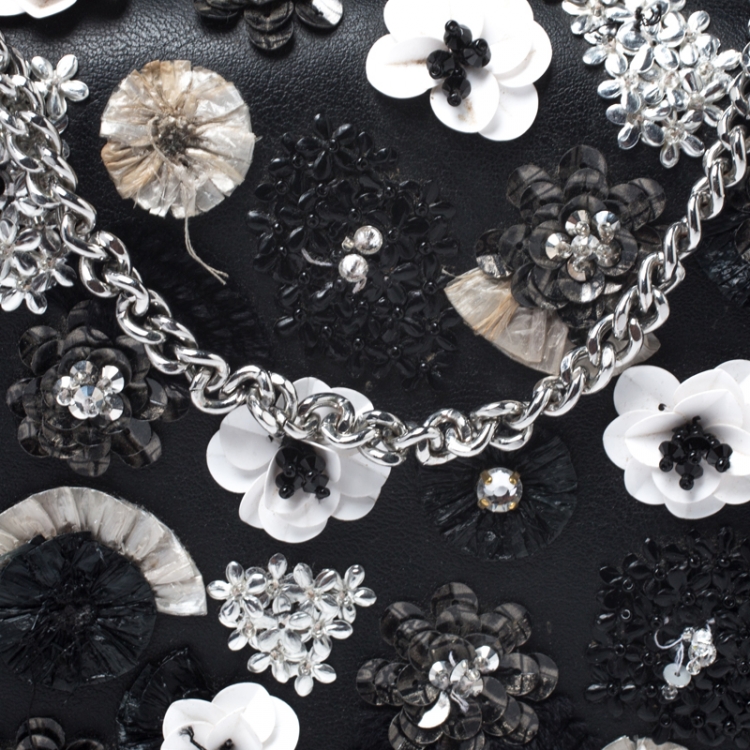 Pre Owned Michael Kors Black Floral Sequins Embellished Leather Jade Shoulder Bag