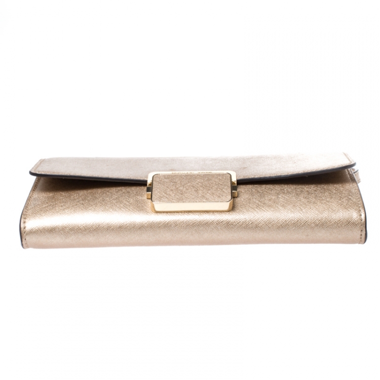Pre Owned Michael Kors Metallic Gold Saffiano Leather Strap Clutch