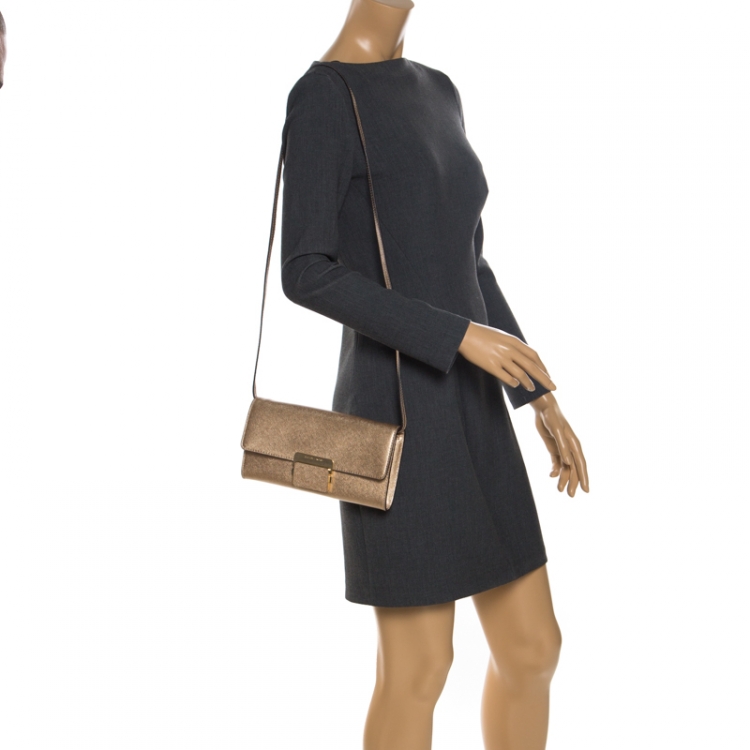 Pre Owned Michael Kors Metallic Gold Saffiano Leather Strap Clutch