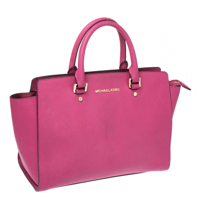 Pre Owned MICHAEL Michael Kors Fuchsia Leather Large Selma Tote