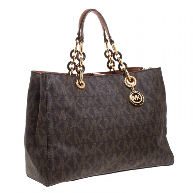 Pre Owned MICHAEL Michael Kors Brown Signature Coated Canvas Large Cynthia Tote
