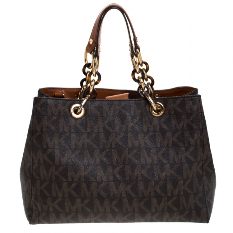 Pre Owned MICHAEL Michael Kors Brown Signature Coated Canvas Cynthia Tote