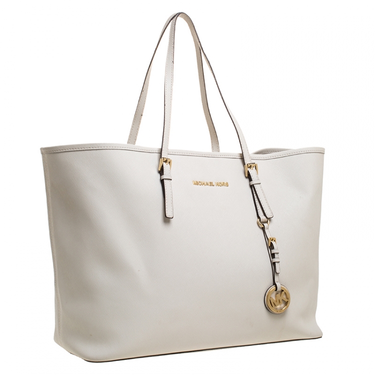 Pre Owned Michael Kors Cream Leather Jet Set Travel Tote