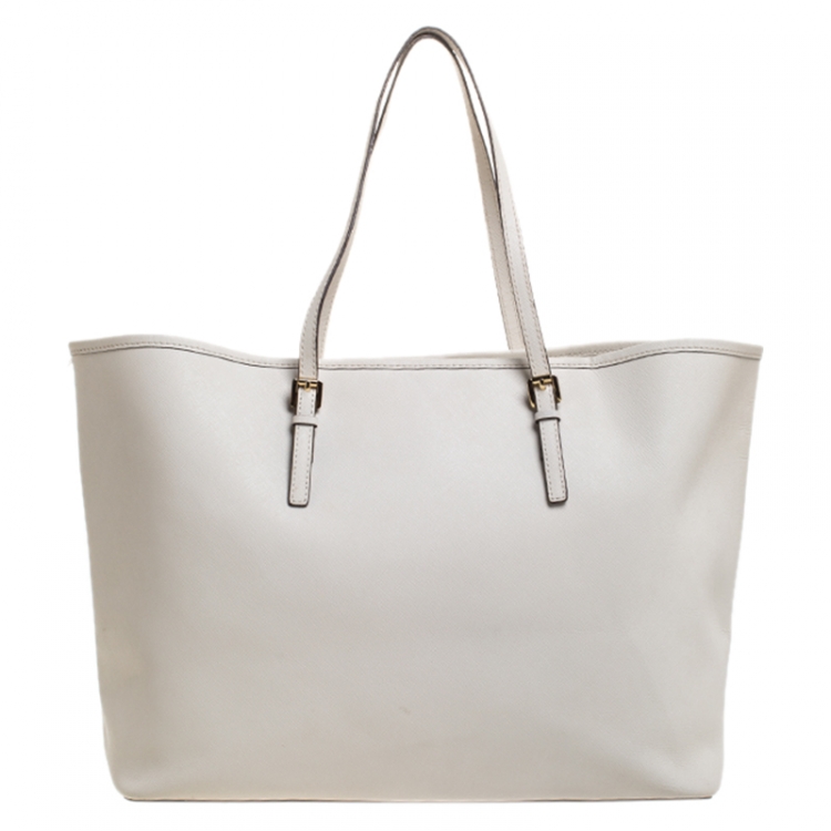 Pre Owned Michael Kors Cream Leather Jet Set Travel Tote