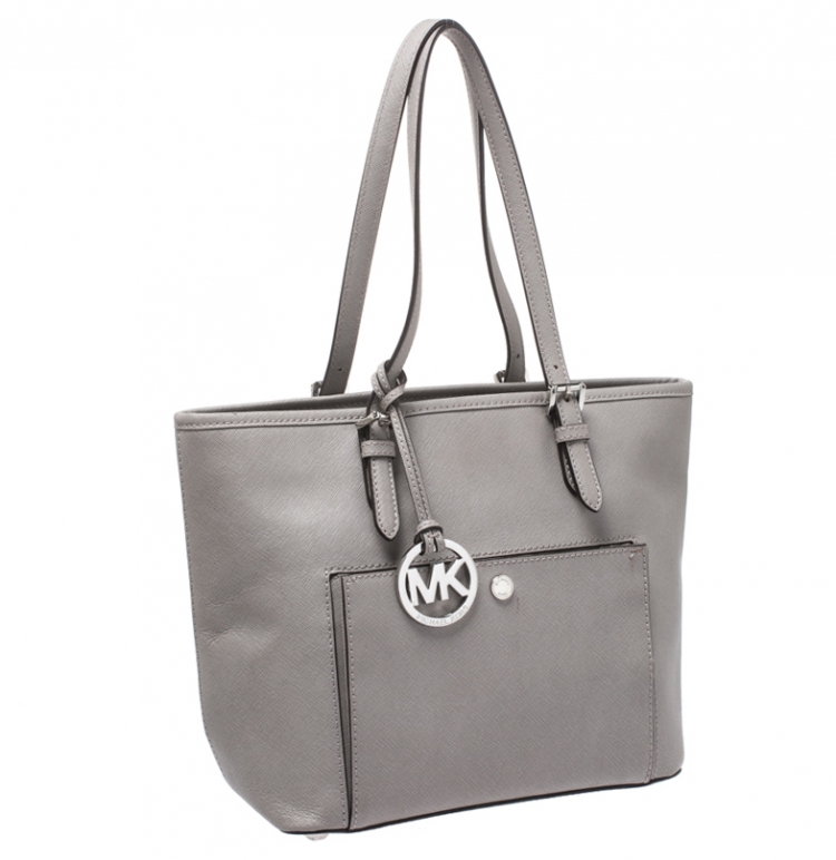Pre Owned MICHAEL Michael Kors Grey Leather Snap Pocket Tote