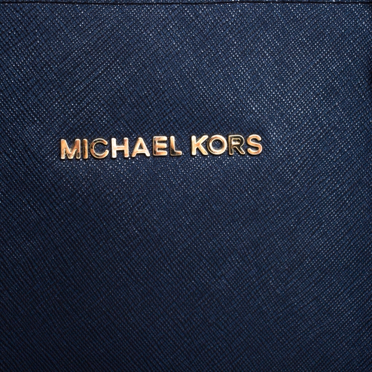 Pre Owned Michael Kors Navy Blue Leather Jet Set Travel Tote