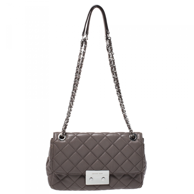 Pre Owned Michael Kors Dark Beige Leather Sloan Shoulder Flap Bag