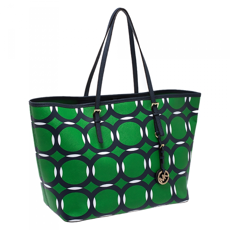 Pre Owned Michael Kors Green Coated Canvas Jet Set Deco Travel Tote