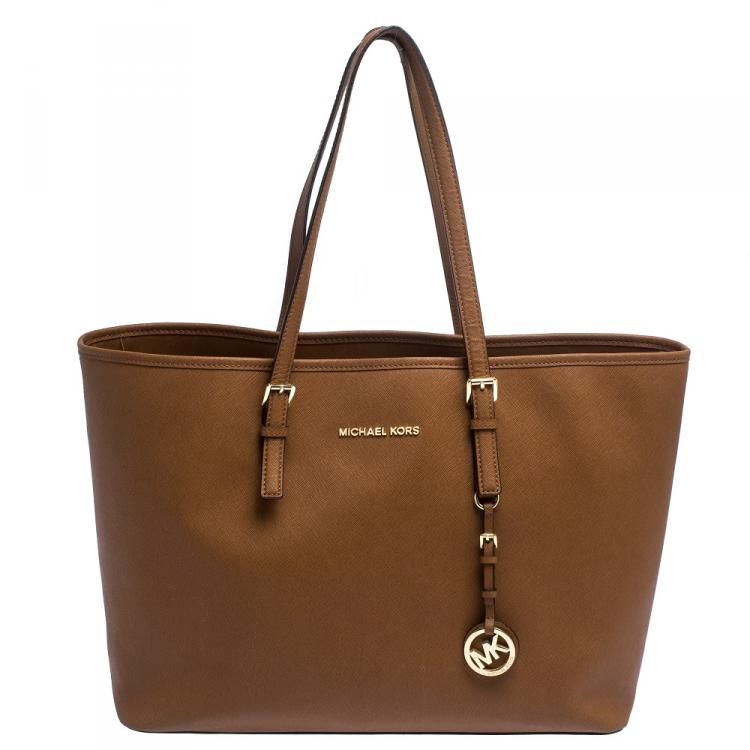 Pre Owned MICHAEL Michael Kors Brown Leather Medium Jet Set Travel Tote