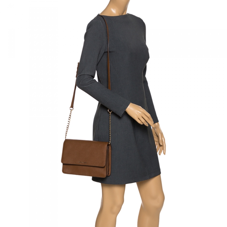 Pre Owned Michael Kors Brown Leather Jet Set Crossbody Bag