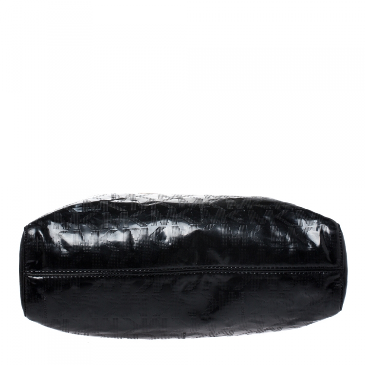 Pre Owned Michael Michael Kors Black Monogram Patent Leather Jet Set North South Tote