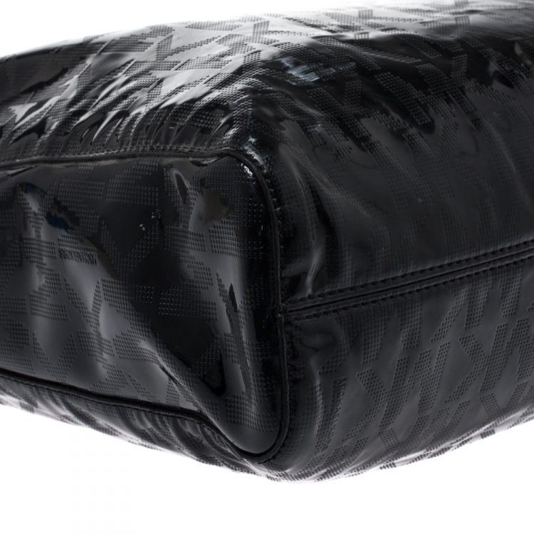 Pre Owned Michael Michael Kors Black Monogram Patent Leather Jet Set North South Tote