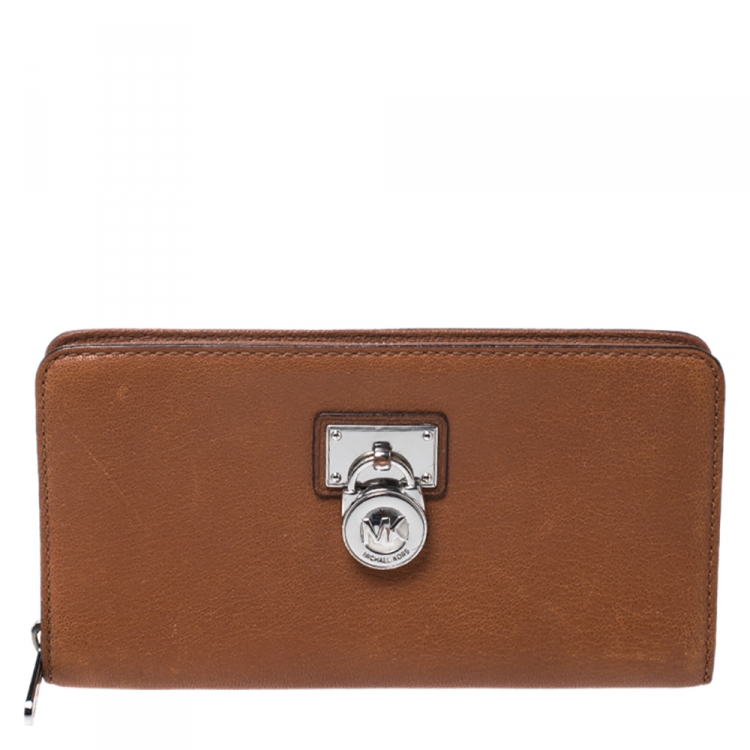 Pre Owned Michael Kors Brown Leather Hamilton Zip Around Wallet