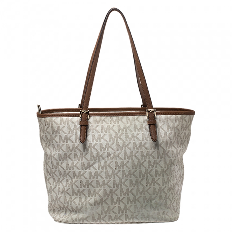 Pre Owned MICHAEL Michael Kors Off White Signature Coated Canvas Jet Set Snap Pocket Tote