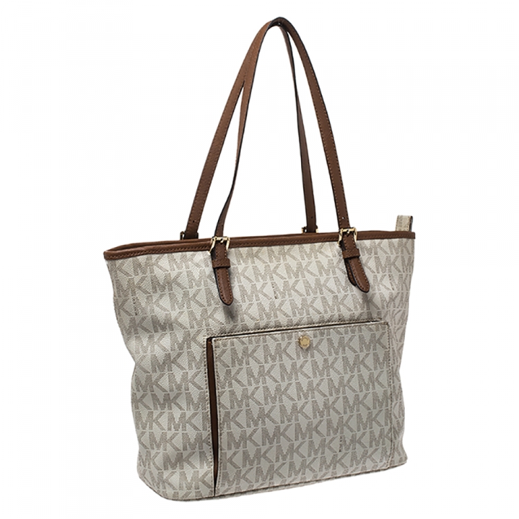 Pre Owned MICHAEL Michael Kors Off White Signature Coated Canvas Jet Set Snap Pocket Tote