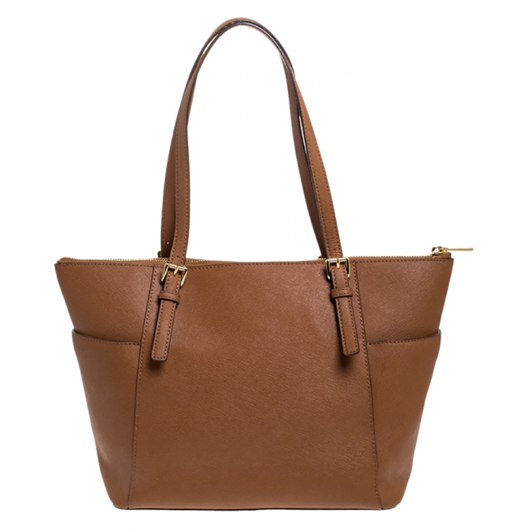 Pre Owned Michael Michael Kors Brown Saffiano Leather Jet Set Top Zip Tote