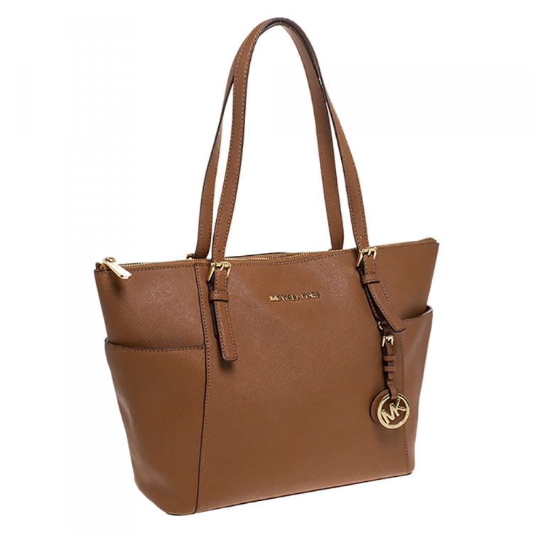 Pre Owned Michael Michael Kors Brown Saffiano Leather Jet Set Top Zip Tote