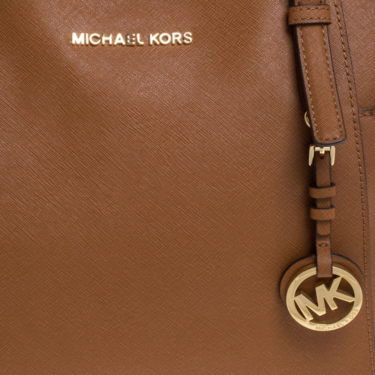 Pre Owned Michael Michael Kors Brown Saffiano Leather Jet Set Top Zip Tote