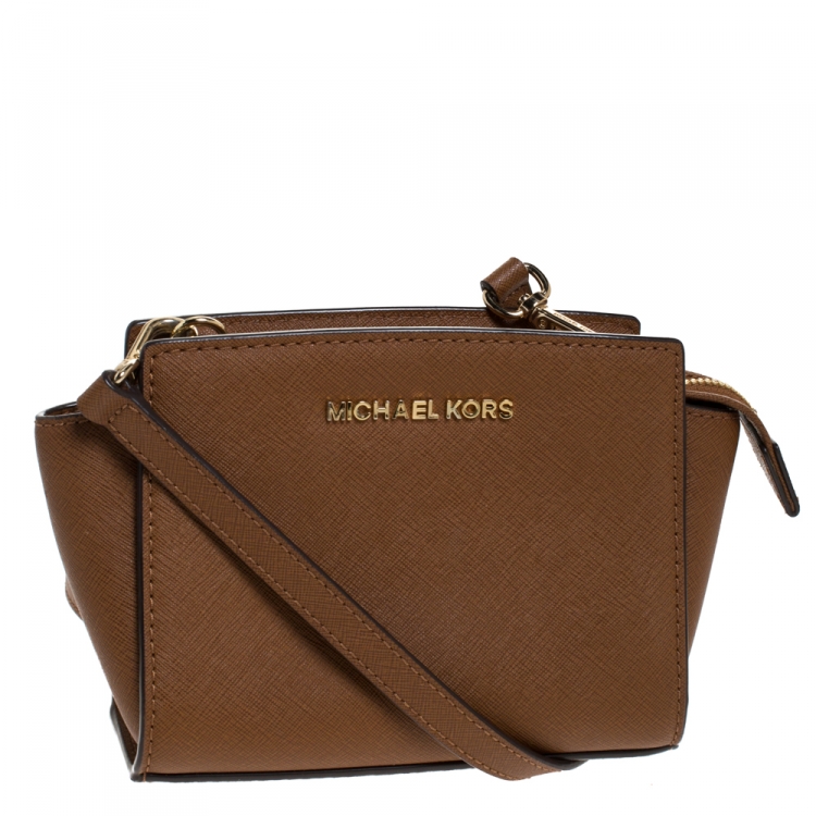 Pre Owned Michael Kors Brown Saffiano Leather Mini Selma Crossbody Bag