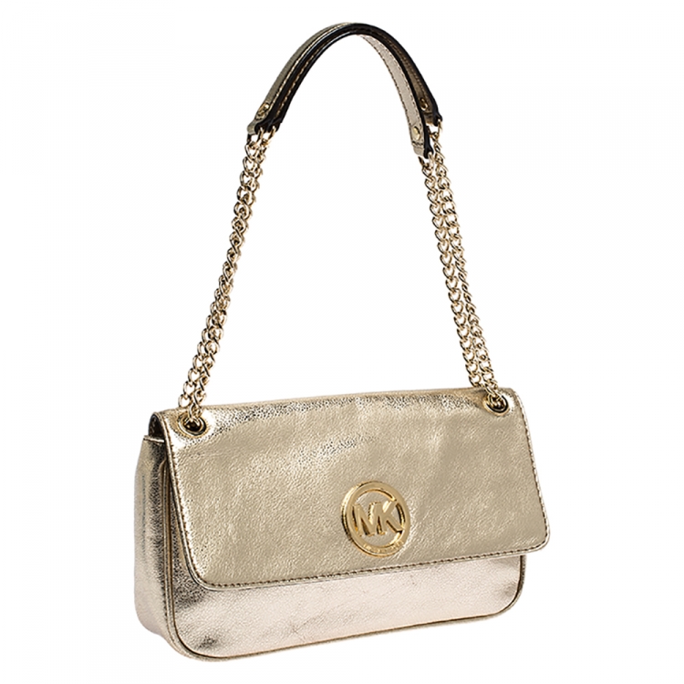 Pre Owned Michael Kors Gold Leather Fulton Shoulder Bag