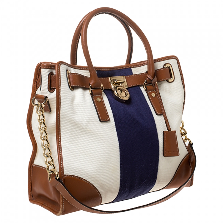 Pre Owned MICHAEL Michael Kors Tri Color Canvas and Leather Large Hamilton North South Tote