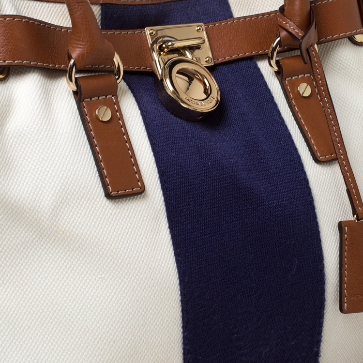 Pre Owned MICHAEL Michael Kors Tri Color Canvas and Leather Large Hamilton North South Tote
