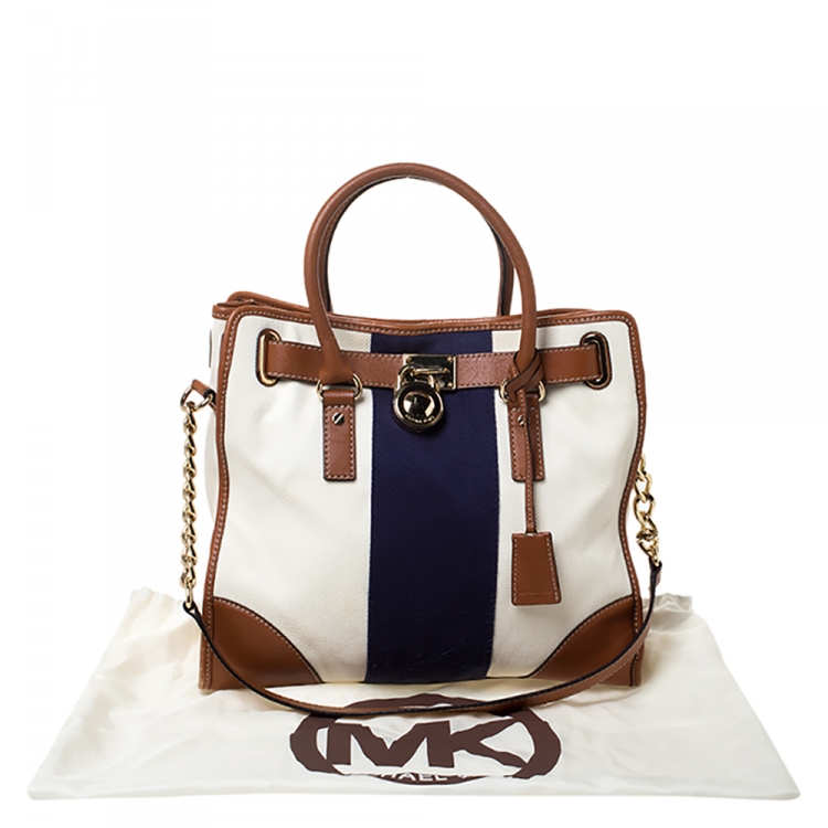 Pre Owned MICHAEL Michael Kors Tri Color Canvas and Leather Large Hamilton North South Tote