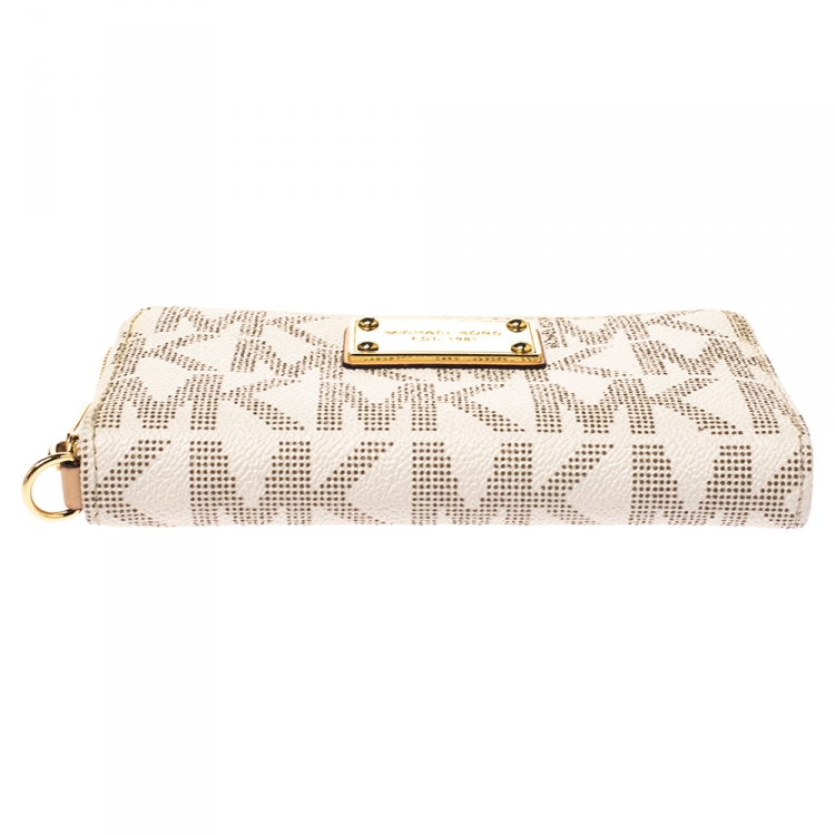 Pre Owned Michael Kors Beige Coated Canvas Zip Around Wallet