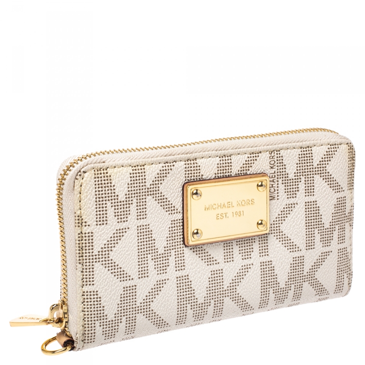 Pre Owned Michael Kors Beige Coated Canvas Zip Around Wallet