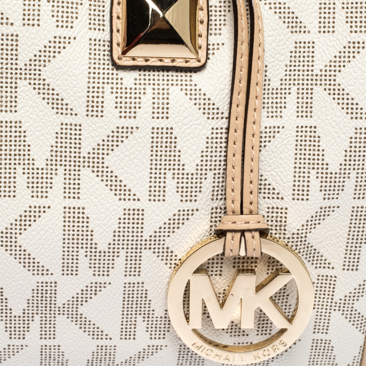Pre Owned MICHAEL Michael Kors Ivory/Beige Signature Coated Canvas and Leather Grayson Boston Bag