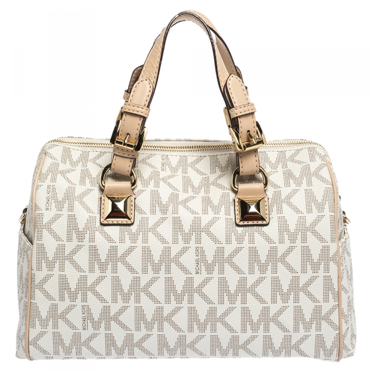 Pre Owned MICHAEL Michael Kors Ivory/Beige Signature Coated Canvas and Leather Grayson Boston Bag