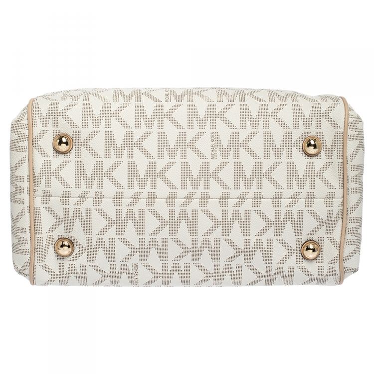 Pre Owned MICHAEL Michael Kors Ivory/Beige Signature Coated Canvas and Leather Grayson Boston Bag