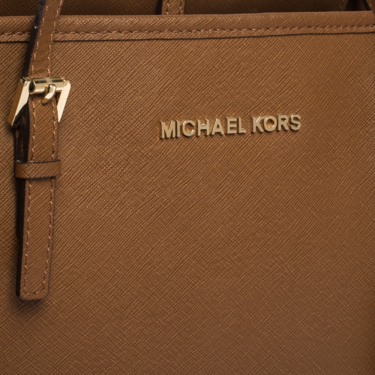 Pre Owned Michael Kors Brown Saffiano Leather Small Jet Set Travel Tote