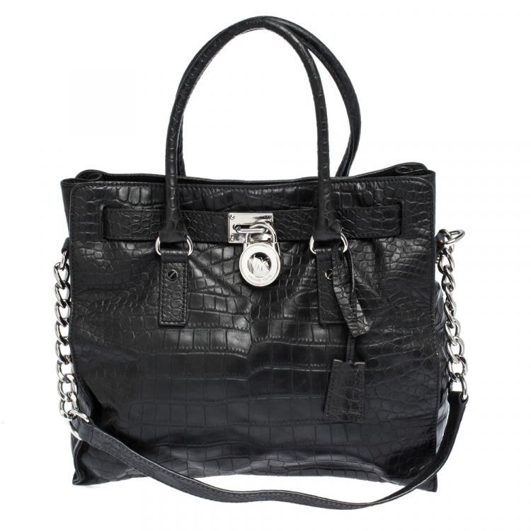 Pre Owned MICHAEL Michael Kors Black Croc Embossed Leather Hamilton Tote