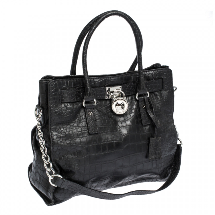 Pre Owned MICHAEL Michael Kors Black Croc Embossed Leather Hamilton Tote
