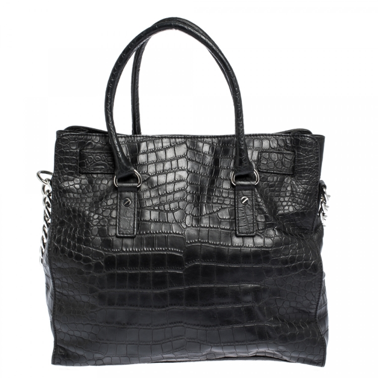 Pre Owned MICHAEL Michael Kors Black Croc Embossed Leather Hamilton Tote
