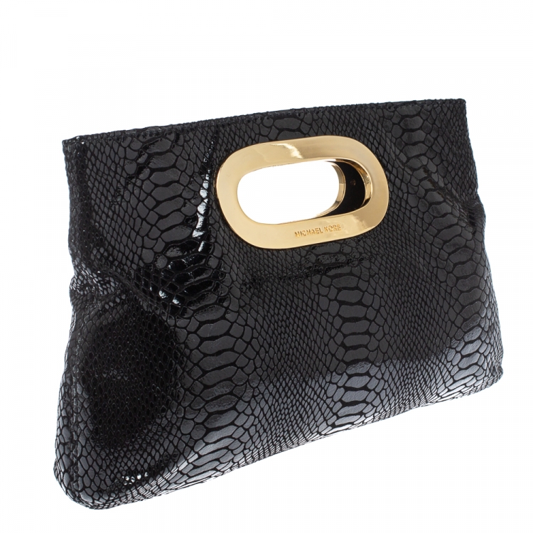 Pre Owned MICHAEL Michael Kors Black Patent Python Embossed Leather Berkley Clutch
