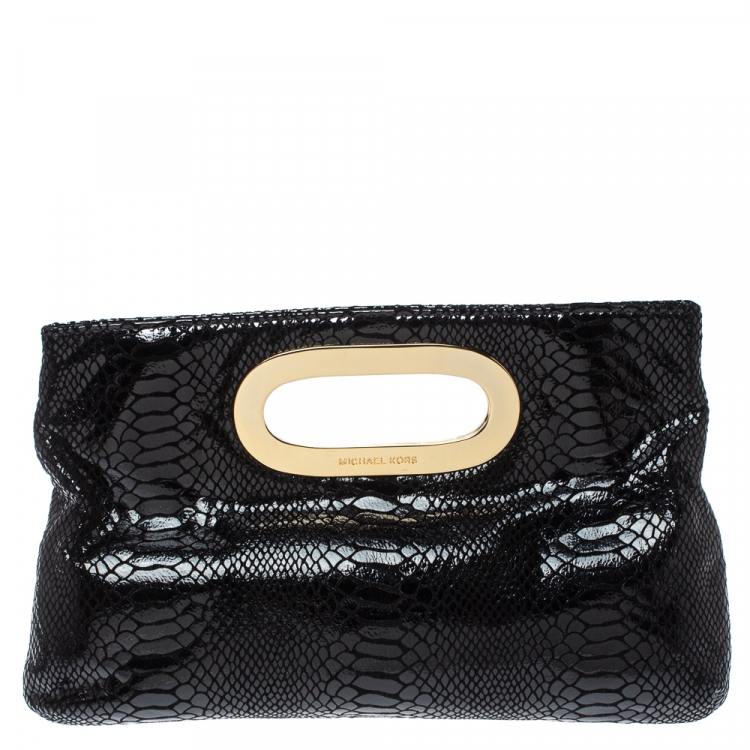 Pre Owned MICHAEL Michael Kors Black Patent Python Embossed Leather Berkley Clutch