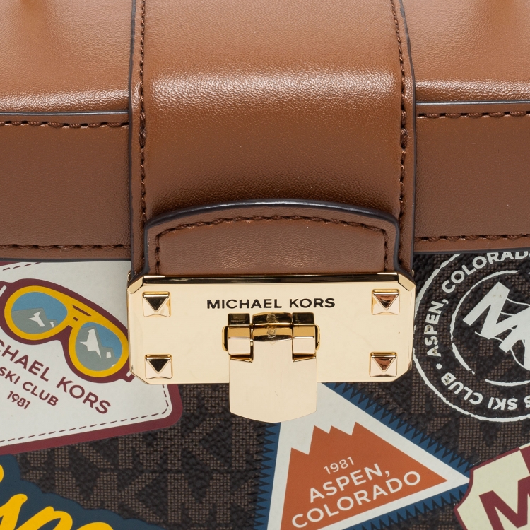 Pre Owned Michael Kors Brown Signature Coated Canvas and Leather Aspen Trunk Bag