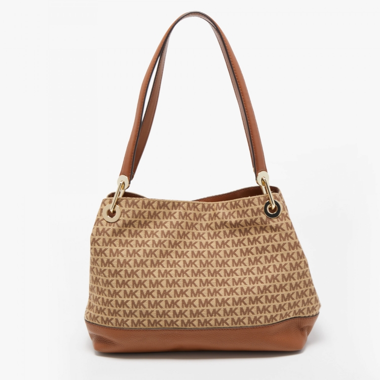 Pre Owned Michael Kors Brown/Beige Signature Canvas and Leather Raven Tote 