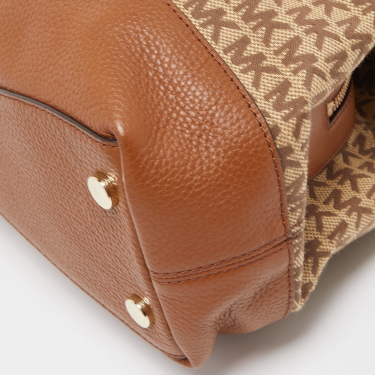 Pre Owned Michael Kors Brown/Beige Signature Canvas and Leather Raven Tote 