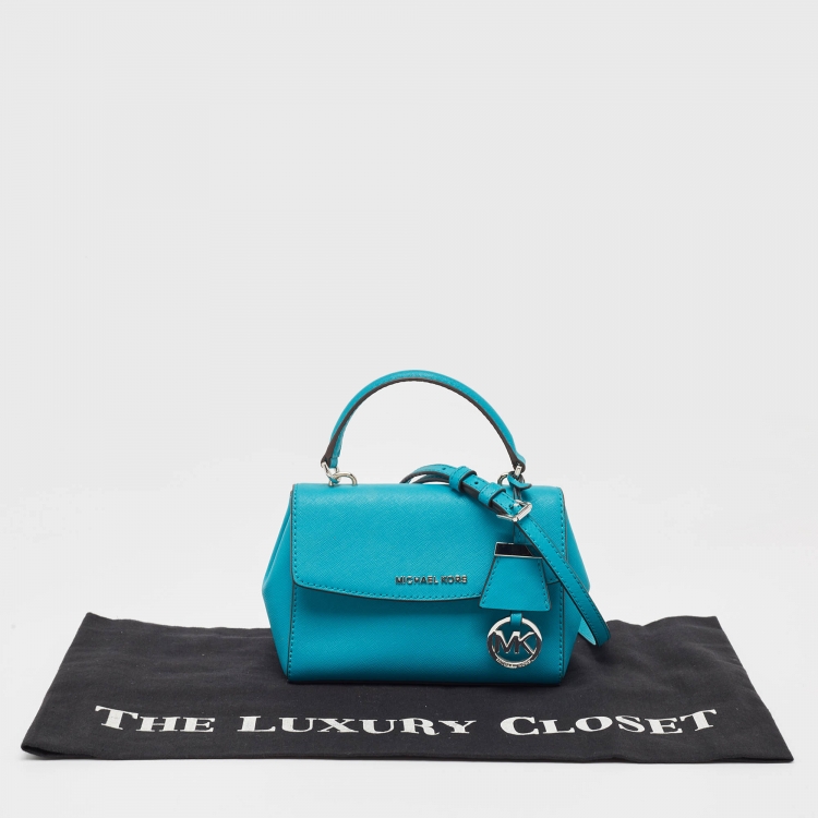 Pre Owned Michael Kors Turquoise Blue Leather Extra Small Ava Top Handle Bag