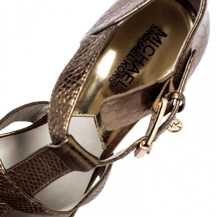 Pre Owned Michael Kors Metallic Gold Python Embossed Leather Platform Sandals Size 37.5