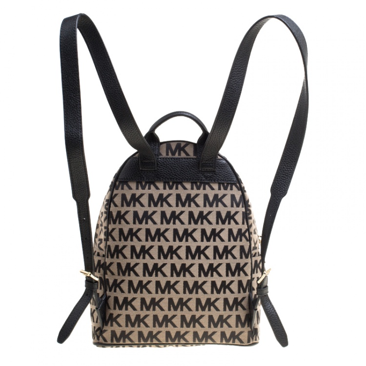 Pre Owned Michael Kors Beige/Black Signature Canvas and Leather Abbey Backpack