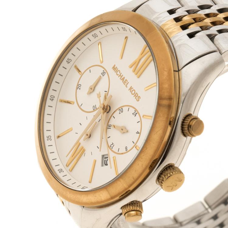 Pre Owned Michael Kors White Gold Tone Stainless Steel Chronograph MK8306 Women's Wristwatch 45 mm