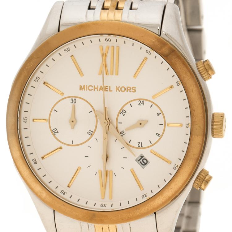Pre Owned Michael Kors White Gold Tone Stainless Steel Chronograph MK8306 Women's Wristwatch 45 mm