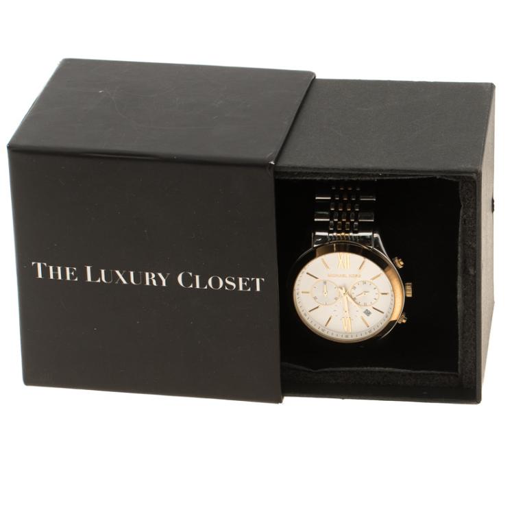 Pre Owned Michael Kors White Gold Tone Stainless Steel Chronograph MK8306 Women's Wristwatch 45 mm