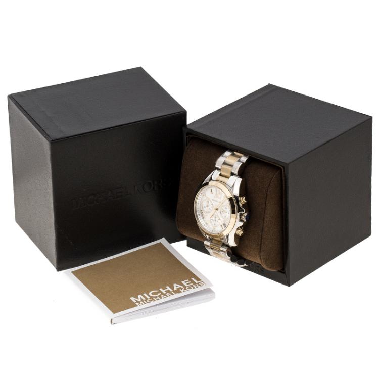 Pre Owned Michael Kors Silver White Two Tone Stainless Steel Bradshaw MK5974 Chronograph Women's Wristwatch 37 mm