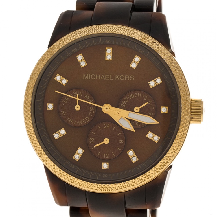 Pre Owned Michael Kors Brown Mother of Pearl Tortoise Shell Acrylic Gold Plated Steel Jet Set Mk5038 Women's Wristwatch 37 mm
